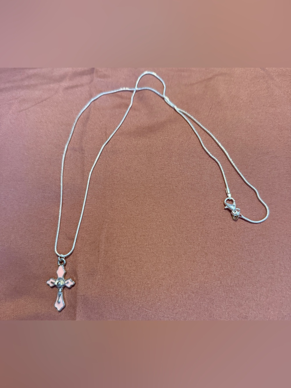 Sterling Silver 925 Cross Pendant Necklace with Pink Enamel